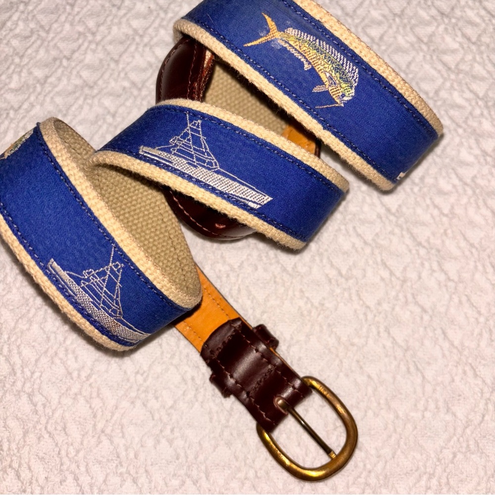 Skipper’s men’s 42” leather and ribbon novelty belt fishing boat fish preppy